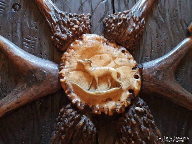 Antique - 1880 - Wooden Carved Hunter Wall Locker Decorated with Antlers and Wild Boar Fangs