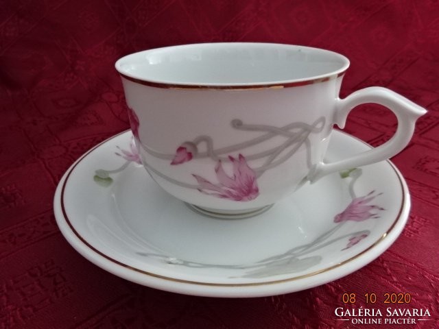 Hollóházi porcelán teáscsésze + alátét, rózsaszín virággal. Vanneki!