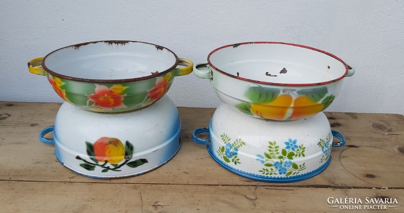 Enamel package of 4, bowls, pears, floral, nostalgia pieces, rustic decoration