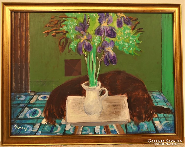 Breznay József (1916-2012) Csendélet kutyával. Képcsarnokos festménye 86x66cm EREDETI GARANCIÁVAL !