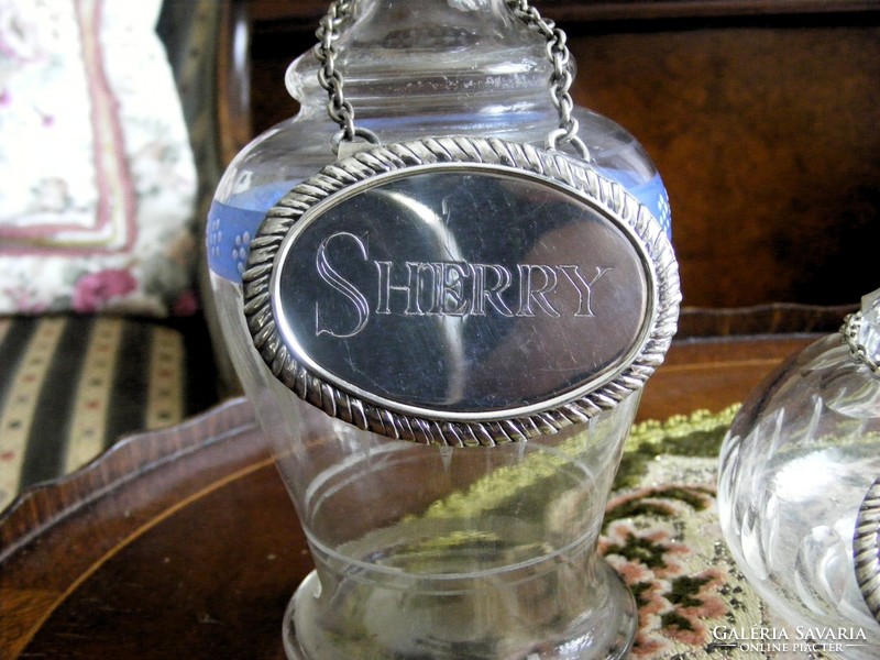 Antique, polished glass, crystal and painted beverage bottles, with silver-plated label, also in pieces