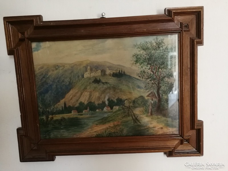 Antik 1800as évekből aqvarell festmény, vízfestmény eredeti antik keretében!Vár rom, Alpesi, Tátra?