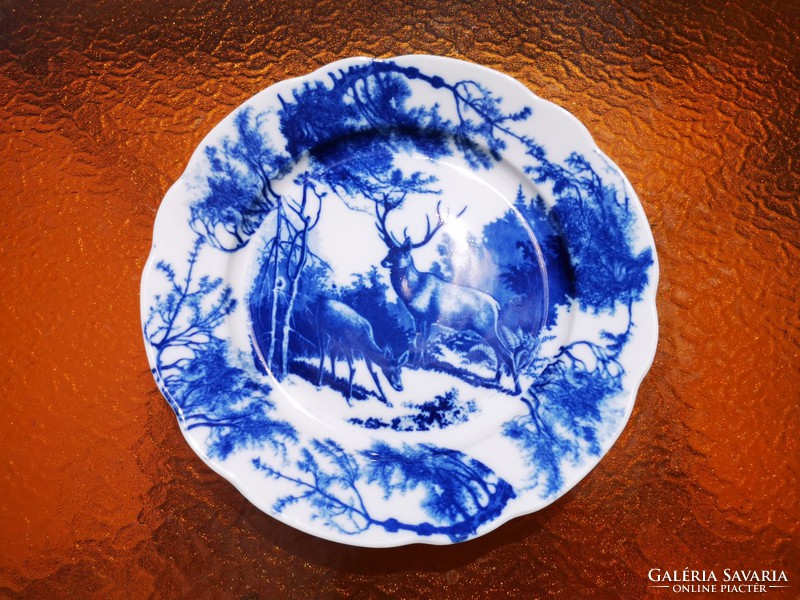 Antique cobalt blue hunting wall bowl with deer