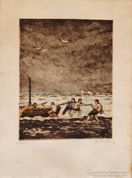 József Csillag (1894-1977): storm - watercolor colored etching