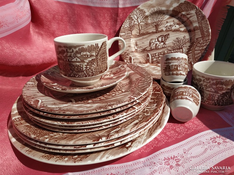 16 pcs English porcelain, brown, scene set