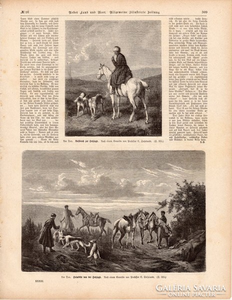Vadászat, metszet (ek) 1875, eredeti, német, újság, 15 x 22, fametszet, ló, kutya, vadász