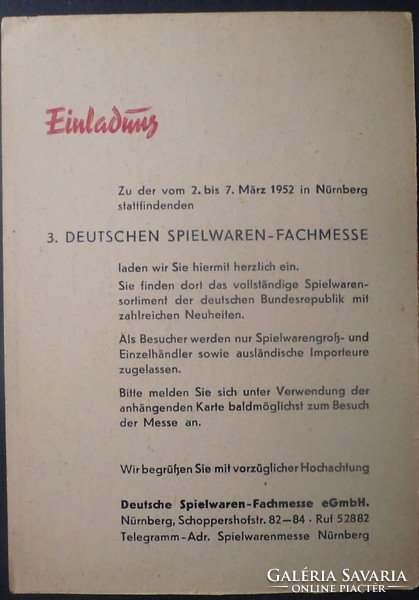 3.Deutsche Spielwaren Fachmesse Nürnberg 1952 Einladungskarte