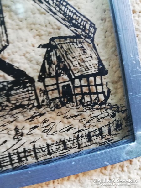 Windmill glass picture in a tin frame