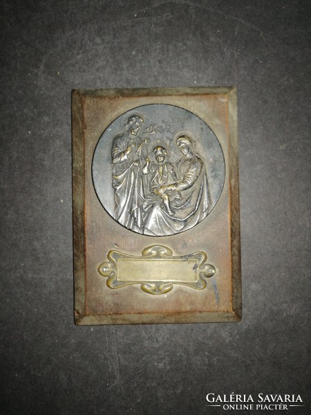 Antik szecessziós egyházi vallási ezüstözött fali plakett Szent család ábrázolással - EP