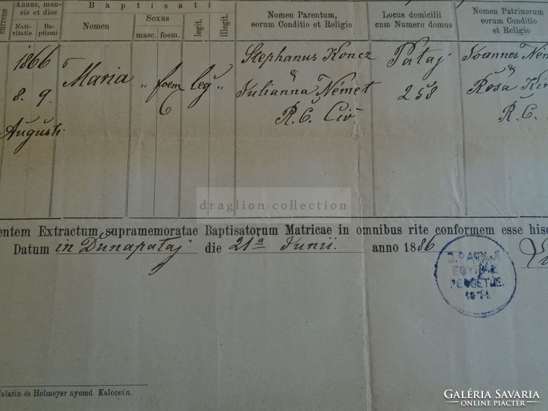 ZA313.14  Régi irat   DUNAPATAJ 1886 Maria KONCZ  -signature Ludovicus RÓKA administrator 