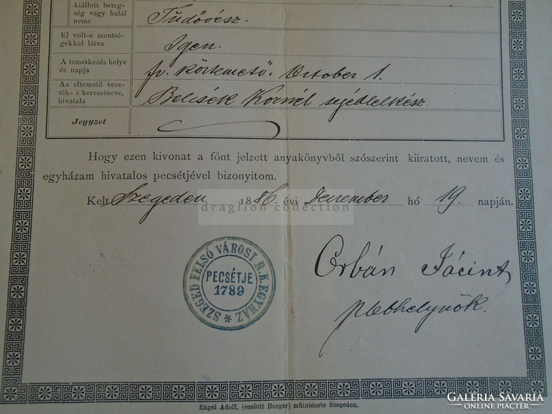 ZA313.15  Régi irat  SZEGED  1886 Orbán Jácint sign. 