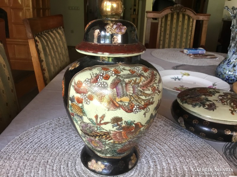 Antique oriental vase with lid, hand painted (201)