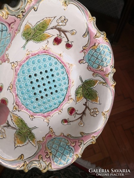 Wonderful strawberry patterned, openwork antique faience bowl, 1880s