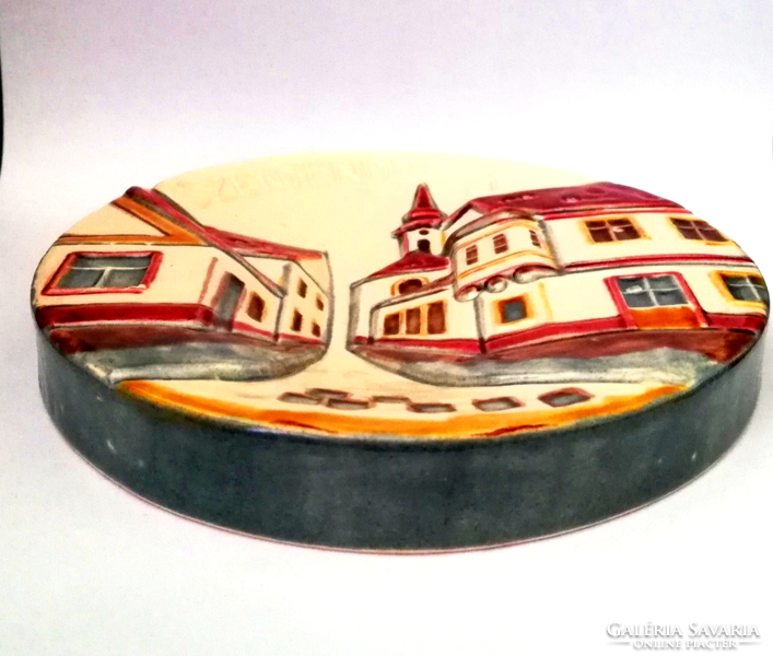 Discounted! Relief glazed ceramic wall plaque with Szentendre skyline