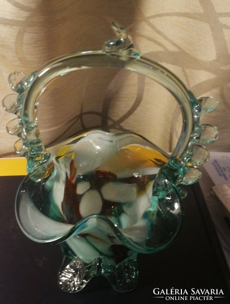Muránói jellegű üveg kosár váza hibátlan 17 cm