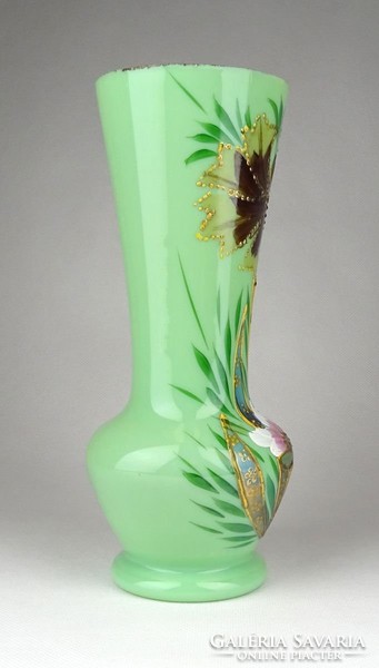 1B647 Antik zöld színezett kézi festett fújt üveg váza 21 cm
