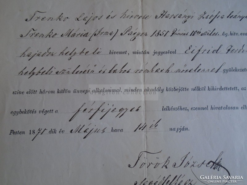 ZA318.2  Régi irat   Trenko Mária (Harsányi)  Páty -Eifrid Ferdinand - Pest 1871  Török József  