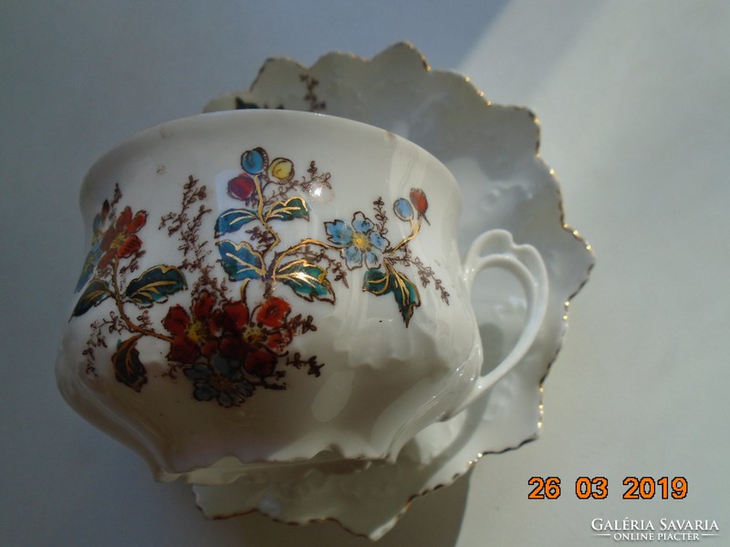 Birodalmi aranykontúrozott szecessziós MZ Austria teás csésze,csipkézett cakkos  alátéttel
