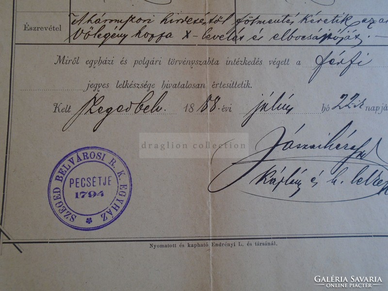 ZA316.11  Régi irat  SZEGED Eljegyzés Volf Karolina - Bayer Béla - 1888  Jászai Géza 