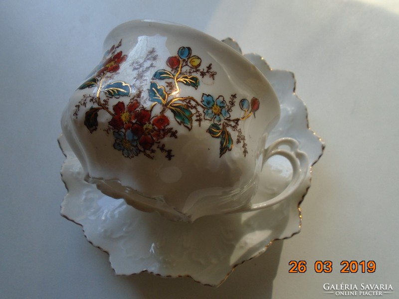 Birodalmi aranykontúrozott szecessziós MZ Austria teás csésze,csipkézett cakkos  alátéttel