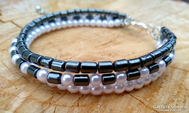 3 Row black hematite and white tekla pearl bracelet and earring set