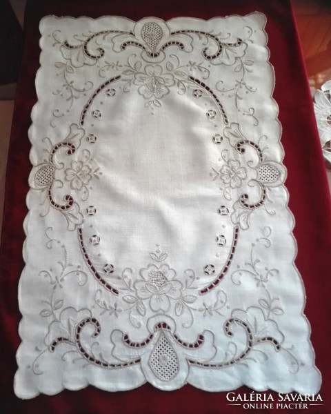Antique, hand-embroidered, ecru tablecloth, 57 x 36 cm