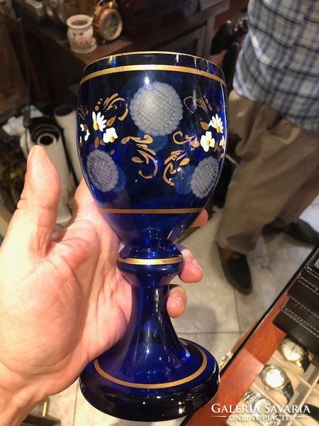 Biedermeier üveg pohár, 17 cm-es, régi, kézzel festett, hibátlan