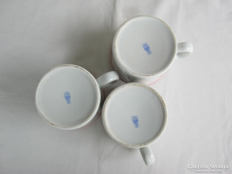 3 Zsolnay porcelain retro canteen mugs with red stripes