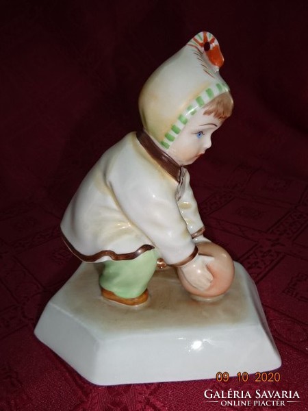 Zsolnay porcelain antique figure, little girl playing ball, height 13.5 cm. Identification: it-1106p/k. He has!
