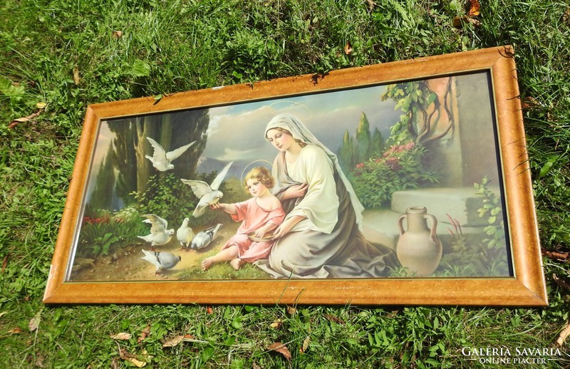 Huge antique holy image: Virgin Mary with baby Jesus among doves