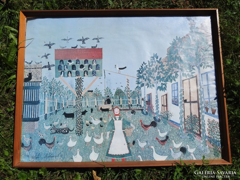 András Süli 1936: old large naive painting print