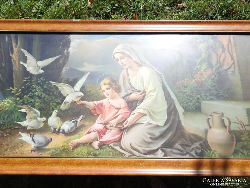 Huge antique holy image: Virgin Mary with baby Jesus among doves