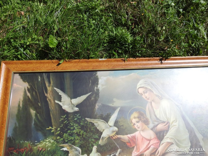 Hatalmas antik szentkép : Szűz Mária a Kisjézussal galambok között