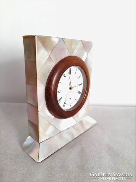 Antique mother of pearl married key table clock emile bronner & cie biel