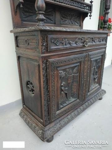 Antique Flemish pewter serving furniture in good condition richly carved kitchen shelf cabinet 2078