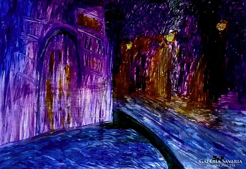 Kata Szabo: "Venetian night" oil painting 50 x 70 wood fibers, with silver-gray wooden frame, signed