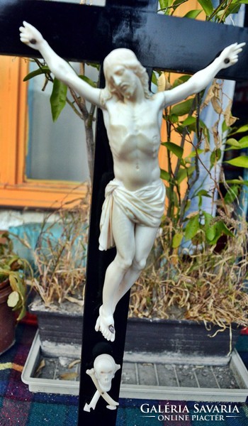 -70%! 46. Antik, CSONT Jézus Krisztus (20.5cm), 65 cm talpas feszület, kereszt, korpusz