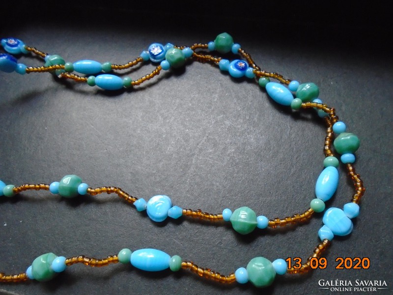 Murano millefiori, turquoise, long necklace made of green, gold-colored pearls