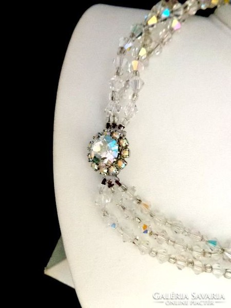 Aurora borealis three-row necklace with ornate clasp