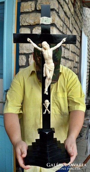 -70%! 46. Antik, CSONT Jézus Krisztus (20.5cm), 65 cm talpas feszület, kereszt, korpusz
