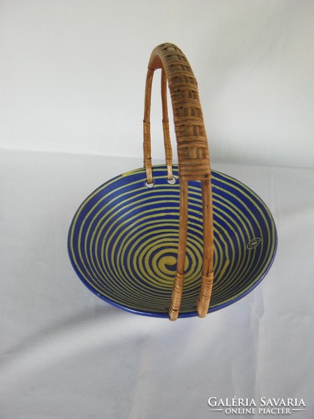 Industrial artist retro braided handle blue-yellow ceramic serving bowl table centerpiece 25x22 cm