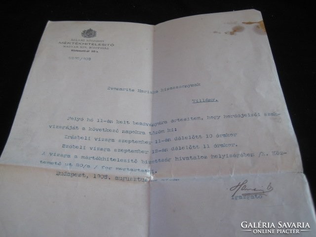 Villányi  italhitelesítő  engedély 1908    Állami Központi   Mértékhitelesítő