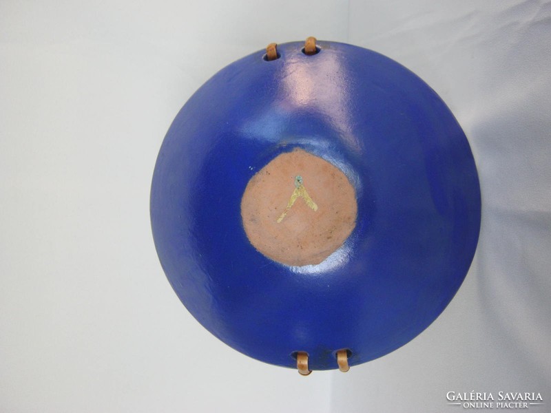 Iparművész retro fonott füles kék-sárga kerámia kínáló tál asztalközép 25x22 cm