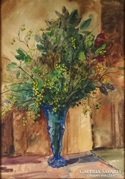1B843 Marosán Gyula : Vírágcsokor kék vázában ~1950