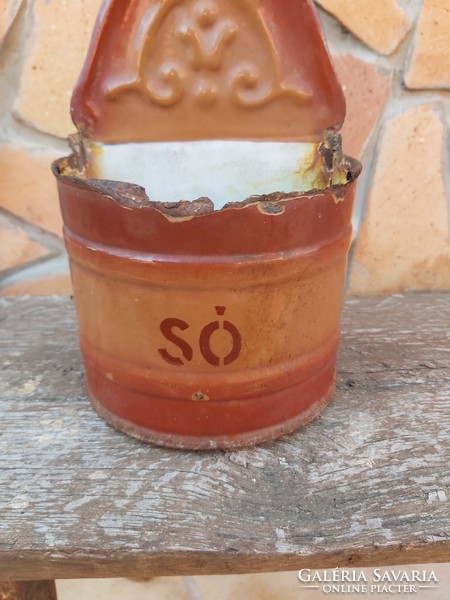 Budafoki enamel wall salt holder. Nostalgia piece, rustic decoration