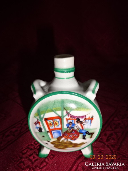 Zsolnay porcelain mini water bottle with a folk motif and resting peasants. He has!