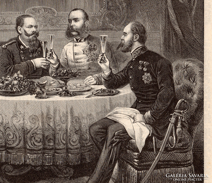 Ebéd, Viktor Emánuel, metszet 1874, 22 x 31 cm, Ferenc József, monarchia, újság, császár, herceg