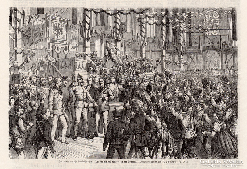 A császár látogatása a fesztiválcsarnokban, metszet 1868, 15 x 22 cm, Ferenc József, monarchia újság