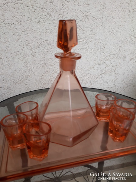 Art deco Czech polished glass liqueur set, with 7 pcs + tray, salmon color, in perfect condition