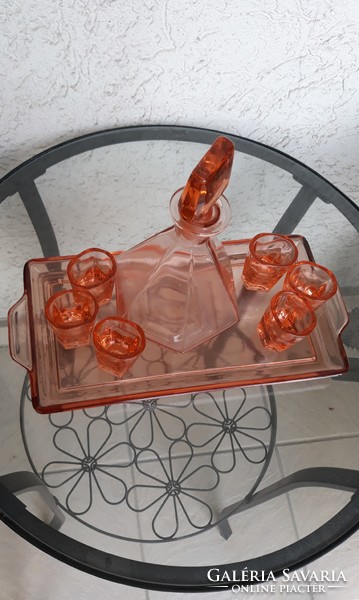 Art Deco cseh, lazac színű csiszolt üveg likőrös készlet, 7 db os + tálcával,  hibátlan állapotban